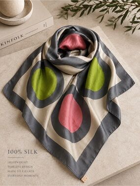 Silk Square Scarf in Pink, Green & Cream by